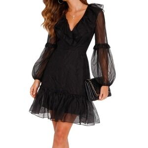 AMANDA UPRICHARD Black Sheer Ruffle Mini Dress Long Sleeve NWT Size S